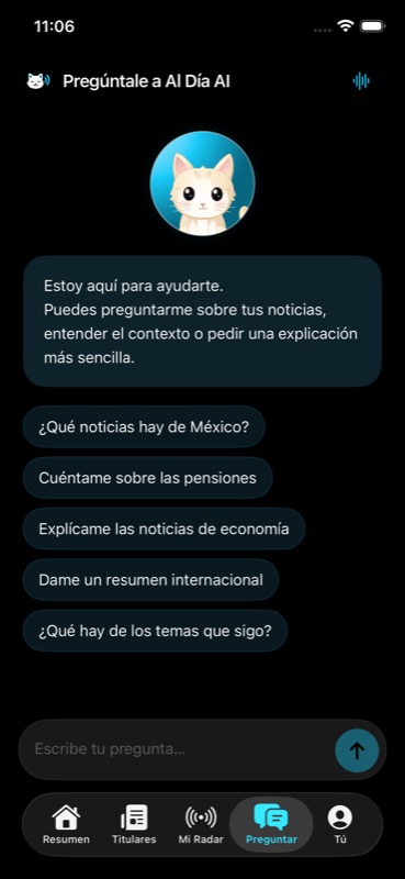 Chat de la app con preguntas sugeridas sobre tus noticias